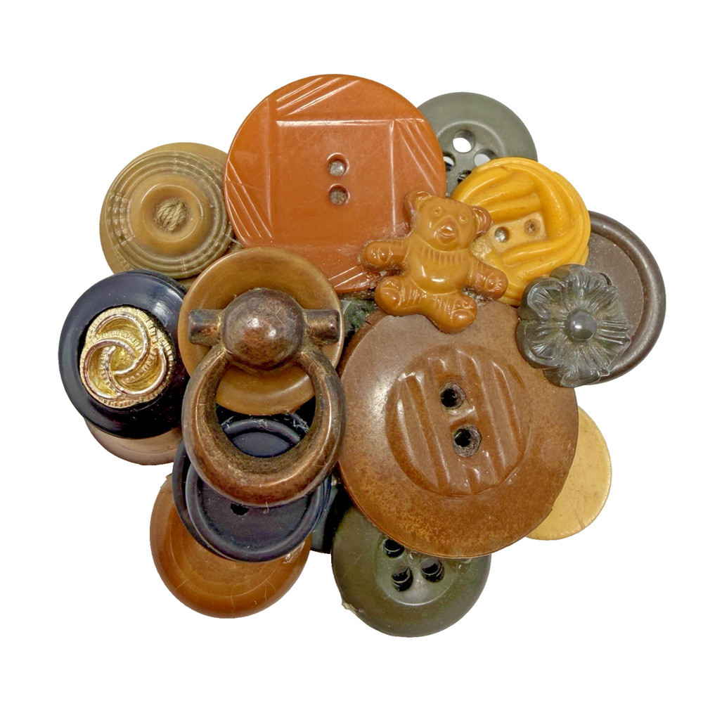 Vintage Button Brooch Handmade Bakelite Look Brown Craft Pin Retro Estate